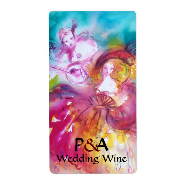 PIERROT AND ARLECCHINA Venetian Masks Wedding Wine Label (Front)