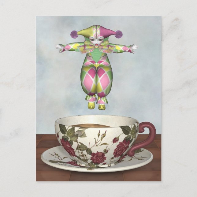 Pierrot Clown Doll Jumping into a Tea Cup Postcard (Front)