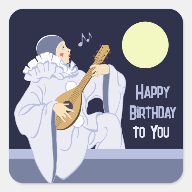 Pierrot clown singing playing lute CC1269 birthday Square Sticker (Front)