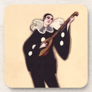 Pierrot in Black Playing Lute by Sophia Chiostri Beverage Coaster