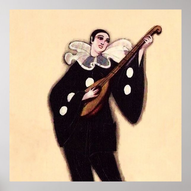 Pierrot in Black Playing Lute by Sophia Chiostri Poster (Front)