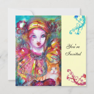 PIERROT WITH CAT / Mardi Gras Masquerade Party Invitation