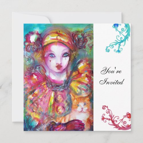 PIERROT WITH CAT  Mardi Gras Masquerade Party Invitation