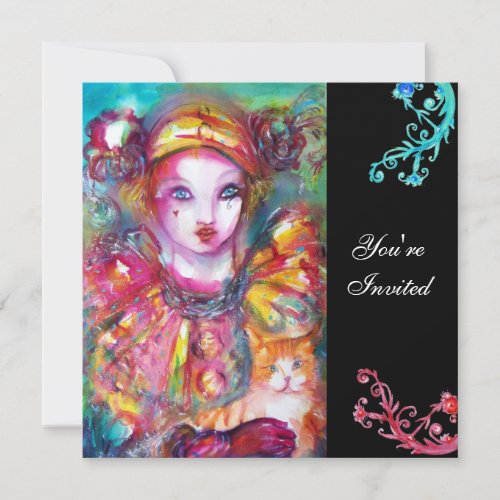 PIERROT WITH CAT  Mardi Gras Masquerade Party Invitation