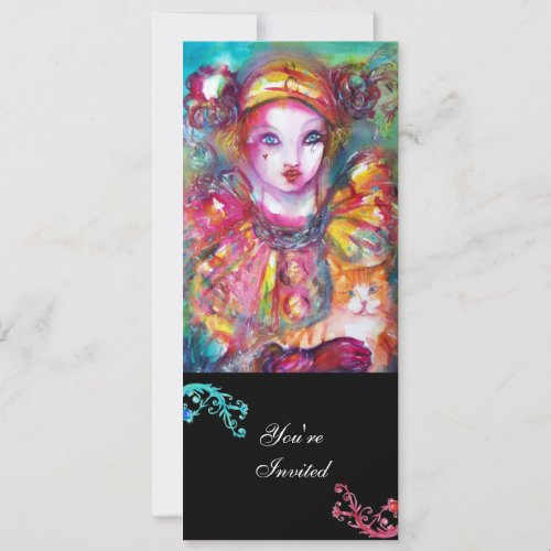 PIERROT WITH CAT  Mardi Gras Masquerade Party Invitation