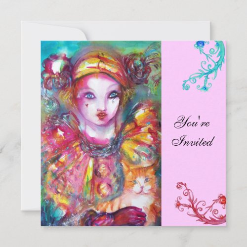 PIERROT WITH CAT  Mardi Gras Masquerade Party Invitation