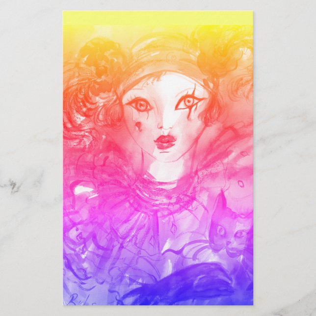 PIERROT WITH CAT / Mardi Gras Masquerade Party Stationery (Front)