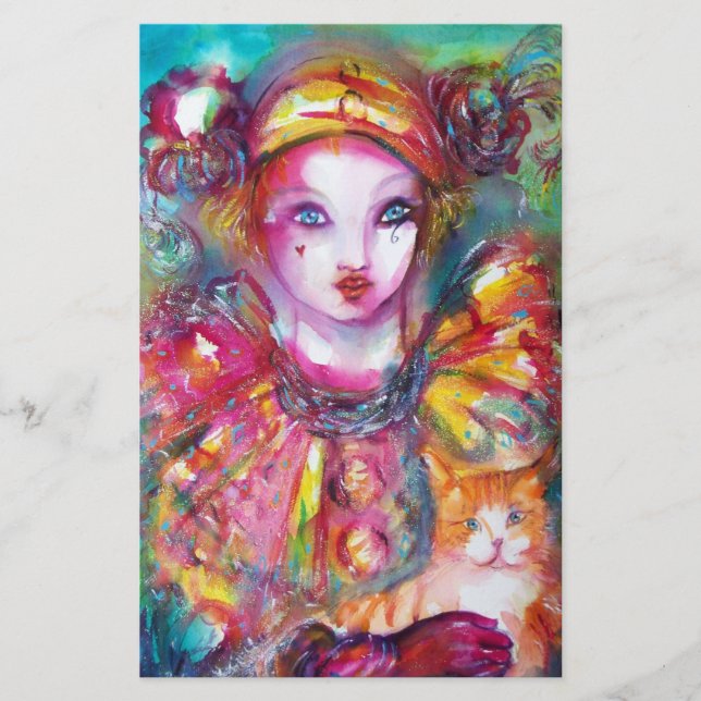 PIERROT WITH CAT / Mardi Gras Masquerade Party Stationery (Front)