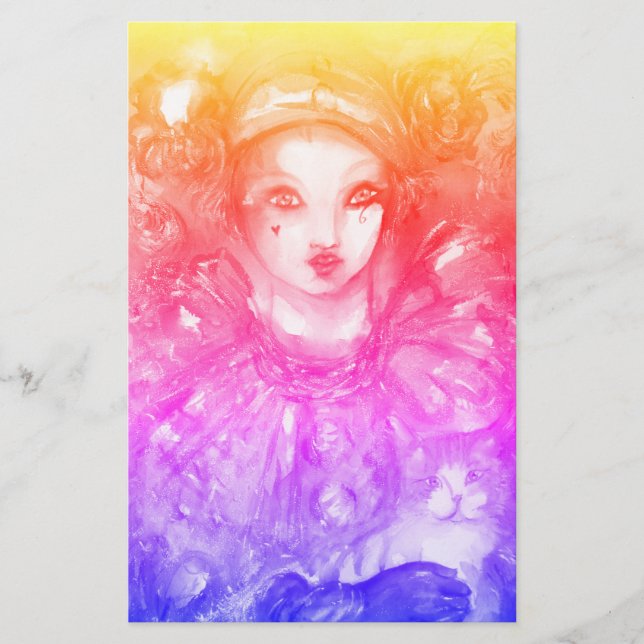 PIERROT WITH CAT / Mardi Gras Masquerade Party Stationery (Front)