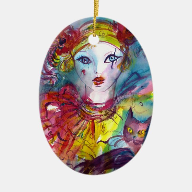PIERROT WITH CAT / Venetian Masquerade Masks Ceramic Ornament (Front)