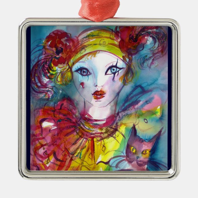 PIERROT WITH CAT / Venetian Masquerade Masks Metal Ornament (Front)