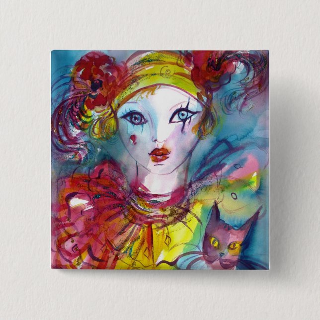 PIERROT WITH CAT / Venetian Masquerade Masks Pinback Button (Front)