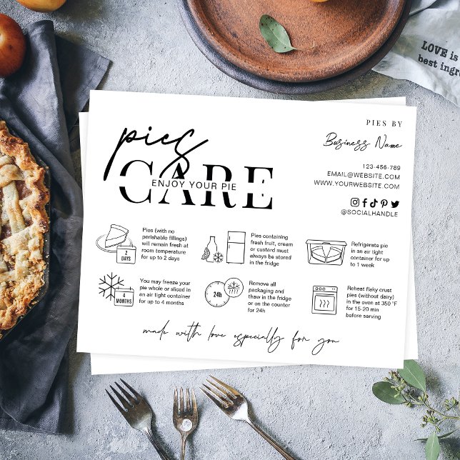 Pies Care Instructions Minimal Modern Logo Bakery Thank You Card (Minimalist pie care instructions card with icons, space for your business info and thank you note)