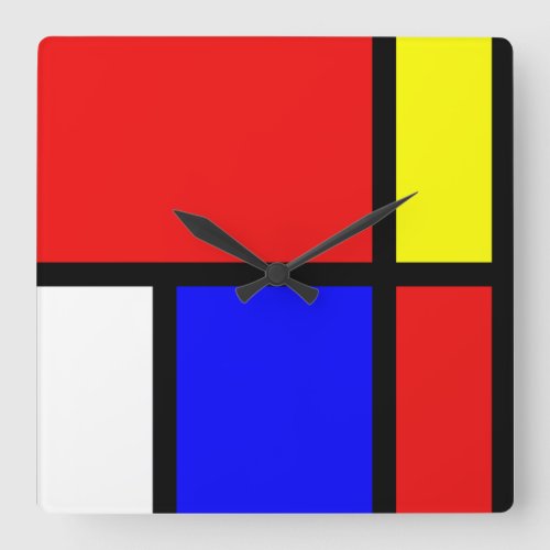 Piet Mondrian Art Style Modern Bright Colors Squar Square Wall Clock