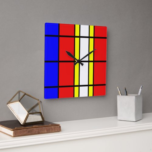 Piet Mondrian Art Style Modern Bright Colors Squar Square Wall Clock