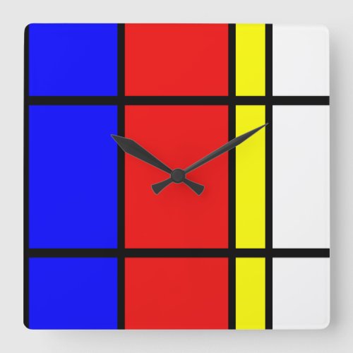 Piet Mondrian Art Style Modern Bright Colors Square Wall Clock
