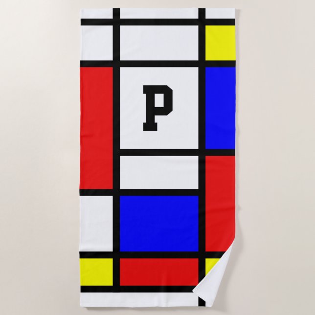 Piet Mondrian Art Style Modern Bright Monogrammed Beach Towel (Front)