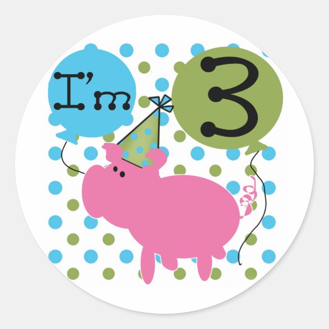 Pig 3rd Birthday Tshirts and Gifts Classic Round Sticker (Front)