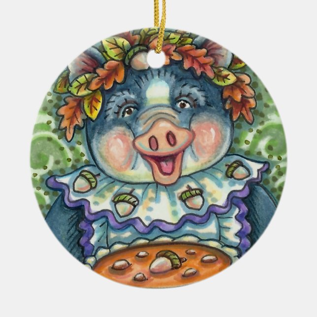 PIG & ACORN PIE, THANKSGIVING MADE WITH LOVE CERAMIC ORNAMENT (Front)