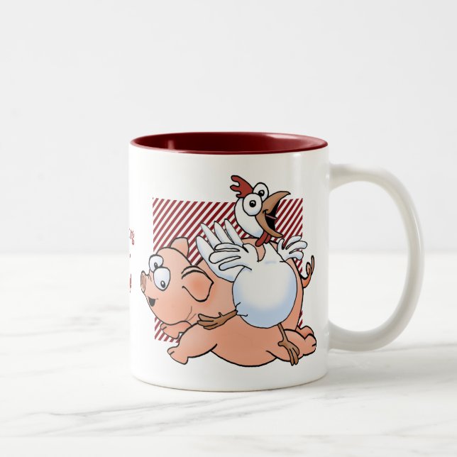 Pig and chicken jumping with joy! Two-Tone coffee mug (Right)