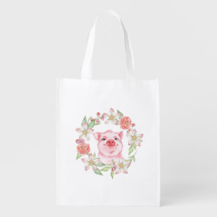 Pig and flowers grocery bag