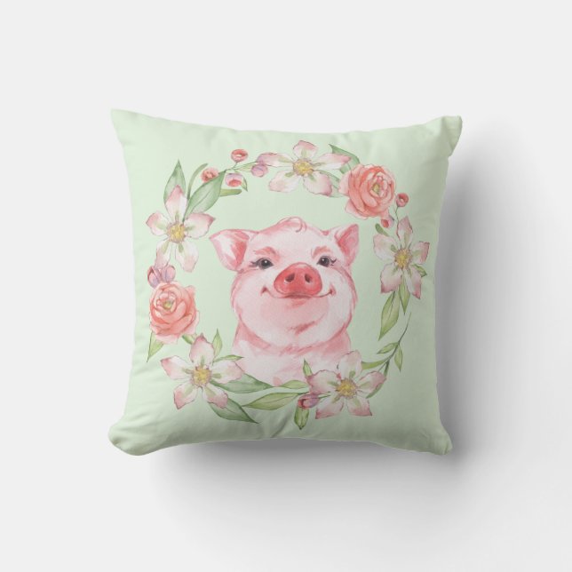 Pig and flowers throw pillow (Front)