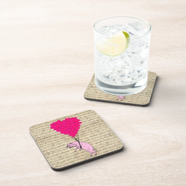 Pig and heart balloons beverage coaster (Right Side)