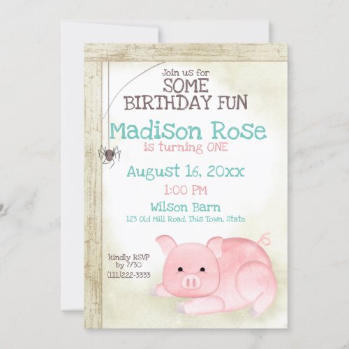 Pig and Web Barn Yard Birthday Invitation