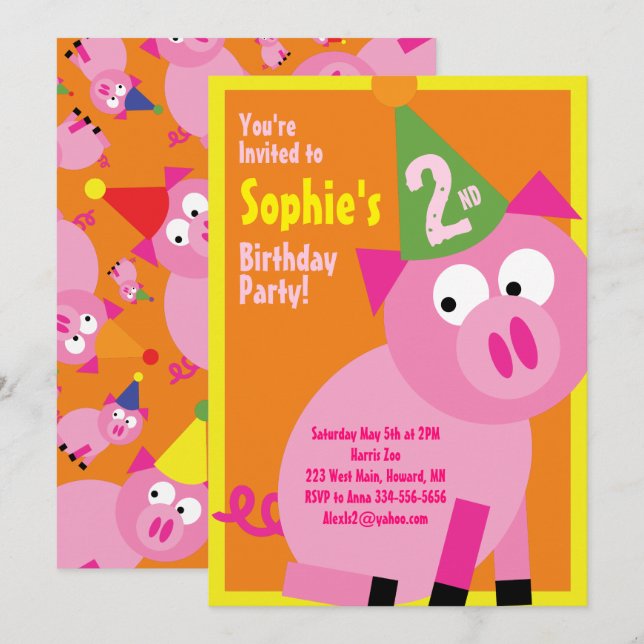 Pig Animal Kid's Birthday Party Invitations (Front/Back)