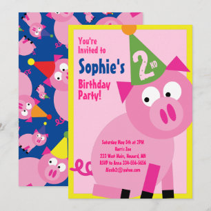 Pig Animal Kid's Birthday Party Invitations