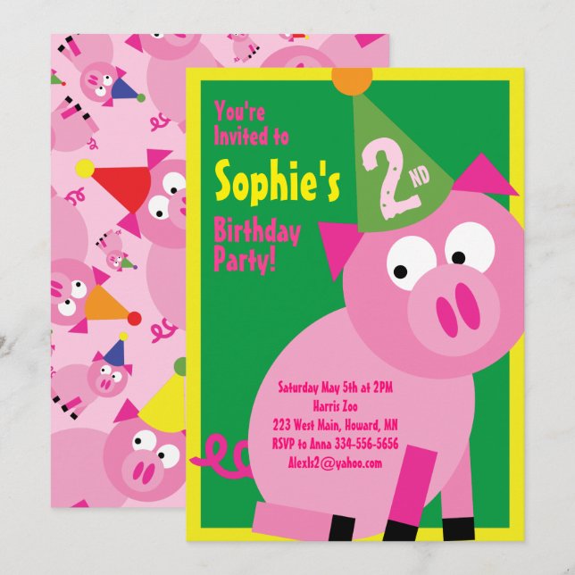Pig Animal Kid's Birthday Party Invitations (Front/Back)