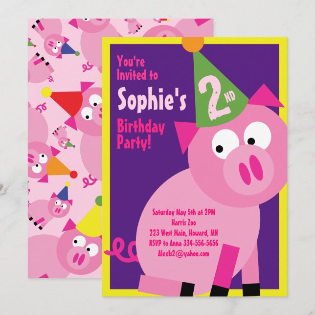 Pig Animal Kid's Birthday Party Invitations (Front/Back)