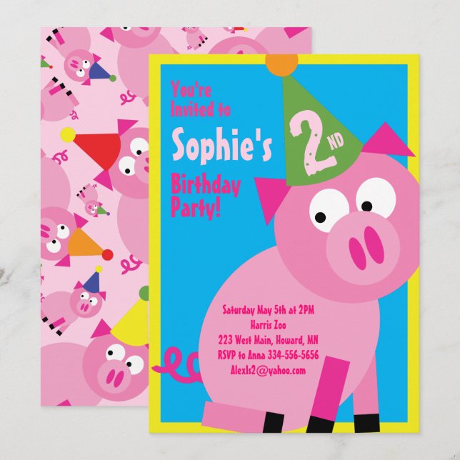 Pig Animal Kid's Birthday Party Invitations (Front/Back)