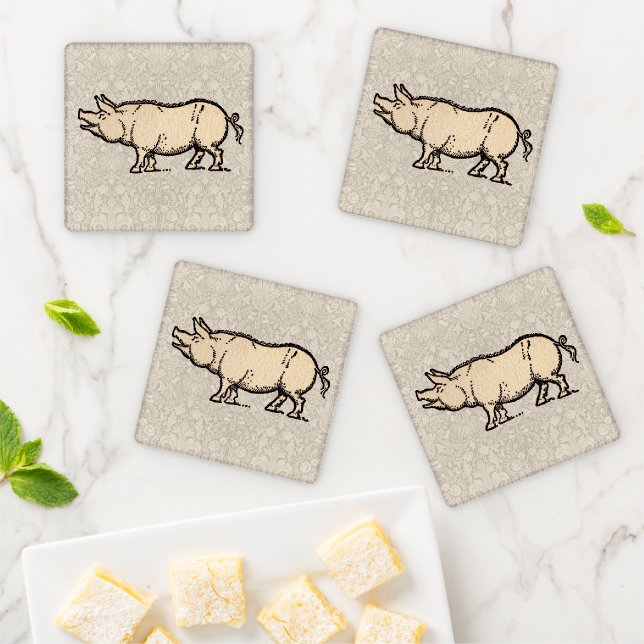 Pig Antique Piggy Cute Vintage Illustration Coaster Set (In Situ)
