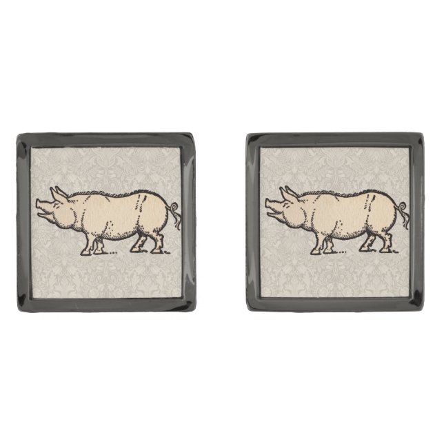 Pig Antique Piggy Cute Vintage Illustration Cufflinks (Front)