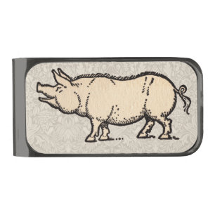 Pig Antique Piggy Cute Vintage Illustration Gunmetal Finish Money Clip