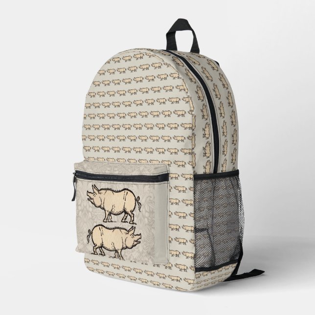 Pig Antique Piggy Cute Vintage Illustration Printed Backpack (Back Corner Right)
