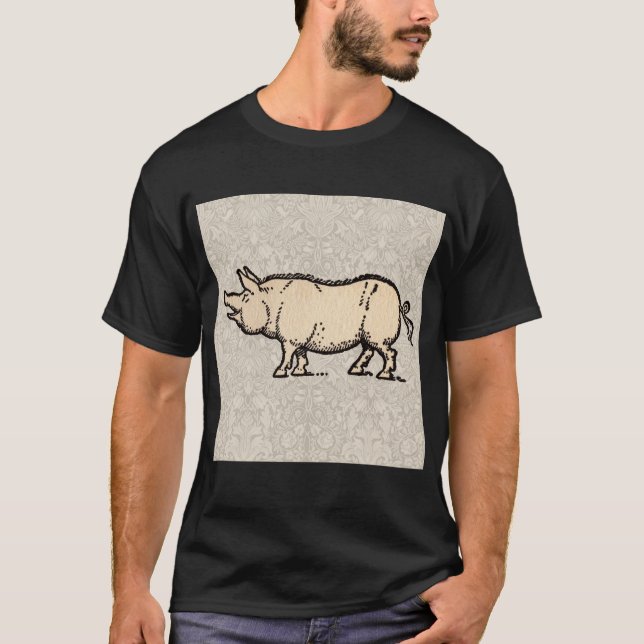 Pig Antique Piggy Cute Vintage Illustration T-Shirt (Front)