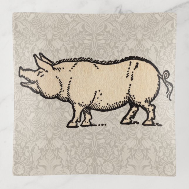 Pig Antique Piggy Cute Vintage Illustration Trinket Tray (Front)