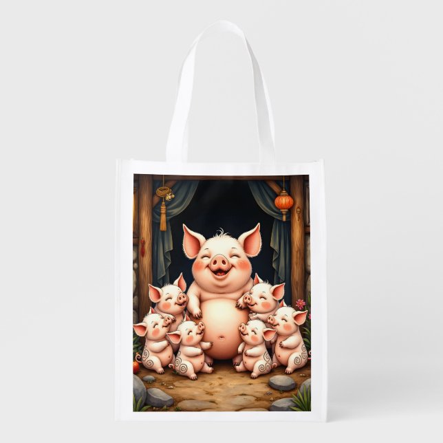  Pig Art – Mother & Piglets Grocery Bag (Front)