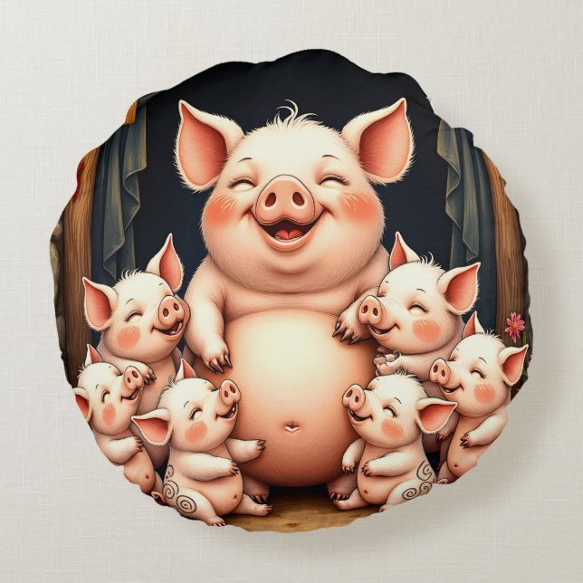  Pig Art – Mother & Piglets Round Pillow (Back)