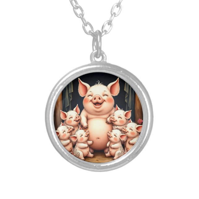  Pig Art – Mother & Piglets Silver Plated Necklace (Front)