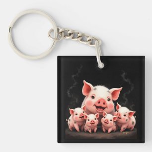 Pig Artwork – Mother Pig & Piglets Keychain