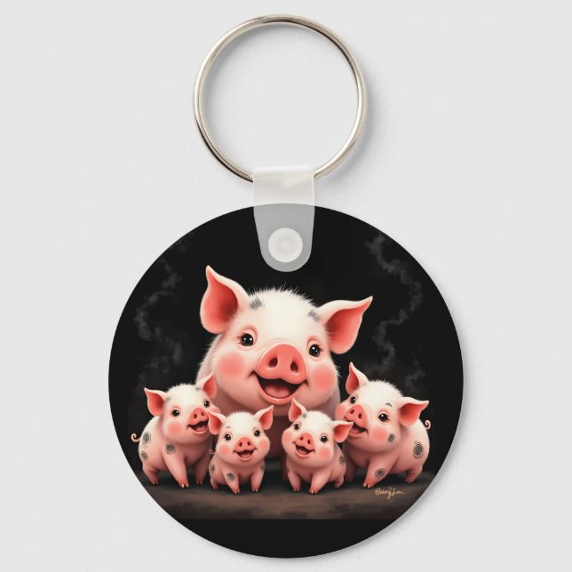 Pig Artwork – Mother Pig & Piglets Keychain (Front)