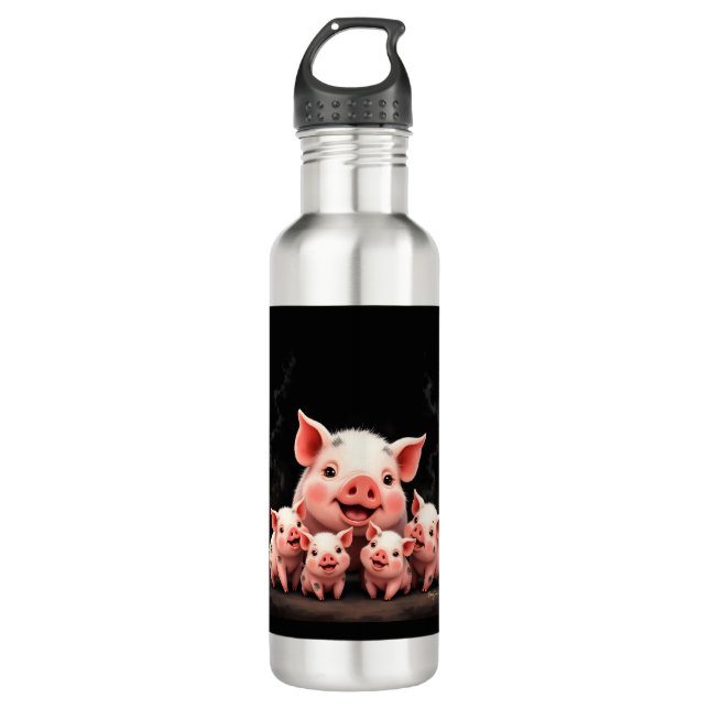 Pig Artwork – Mother Pig & Piglets Stainless Steel Water Bottle (Front)