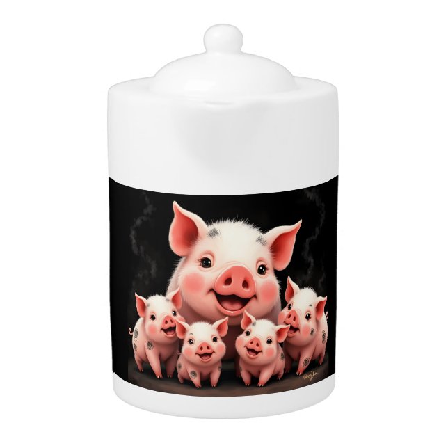 Pig Artwork – Mother Pig & Piglets Teapot (Front)