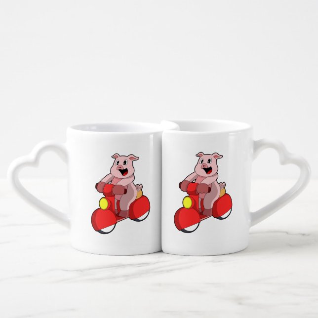 Pig as Biker with Scooter Coffee Mug Set (Front Nesting)