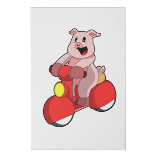 Pig as Biker with Scooter Faux Canvas Print