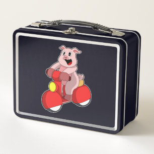 Pig as Biker with Scooter Metal Lunch Box