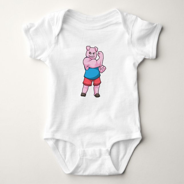 Pig as Bodybuilder with big Upper arm Baby Bodysuit (Front)